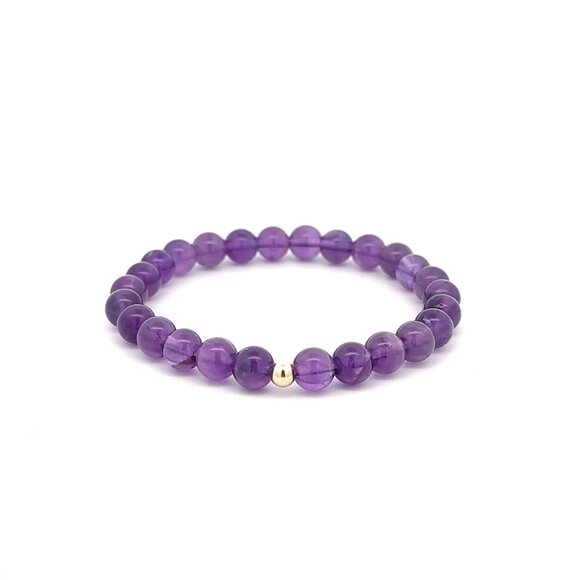 Natural Gemstones Amethyst 6mm Stretchable Bracelet 14k Gold Polished Bead Charm - Picture 1 of 6